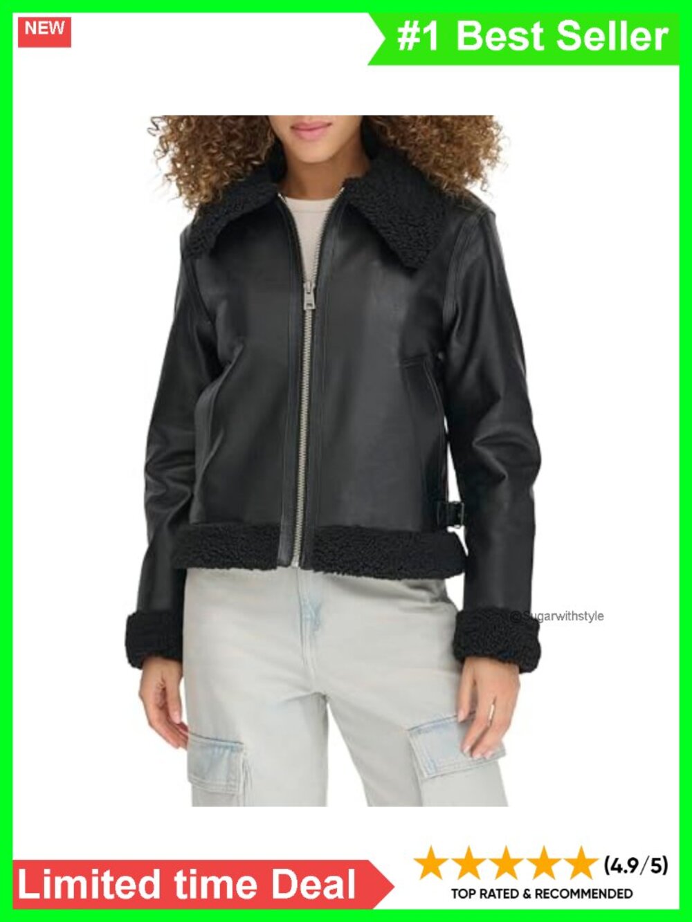 Faux Leather Aviator Jacket Sherpa Collar Trim Warm Winter Coat
